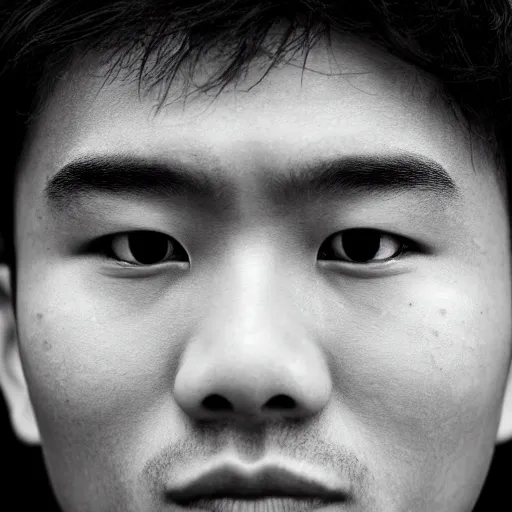Image similar to a young asian man with a very square face, very short thick curly black hair and swarthy skin with mild pimples. close - up portrait