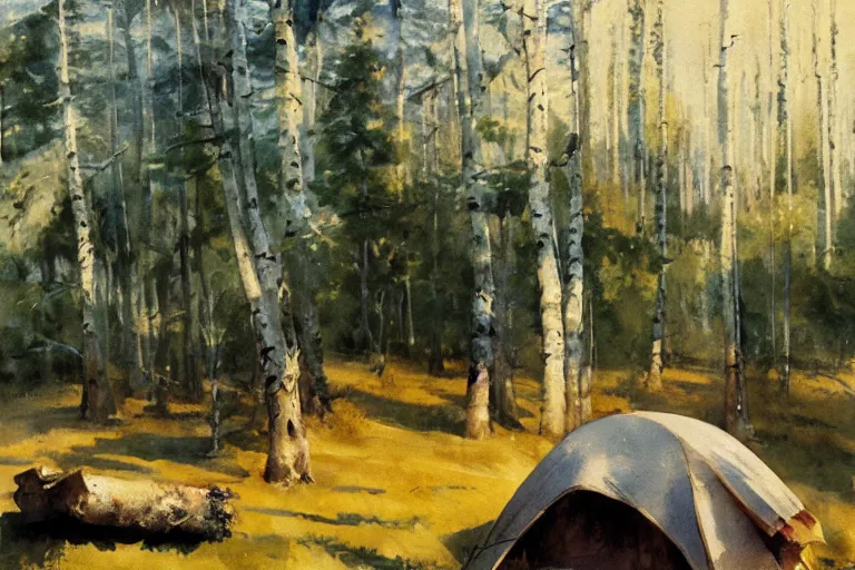 Prompt: small centered on white watercolor paper, paint brush strokes, abstract watercolor painting of scandinavian hunter tent camp, smoking log fire, birch tree forest, midday sharp light, cinematic light, american romanticism by hans dahl, by jesper ejsing, by anders zorn, by greg rutkowski, by greg manchess, by tyler edlin