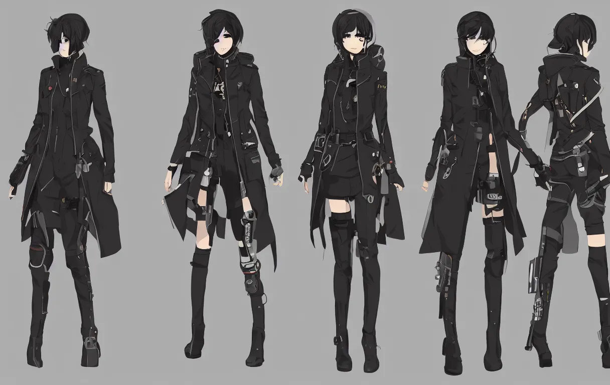 Prompt: a series of character outfit concepts for a beautiful female anime cyberpunk police special detective wearing a very long and heavy bone coloured trench coat and boots; each design is centred and arranged in a straight line; clear character silhouette, high clarity outfit design; perfect anatomy; layered clothing, techwear; trending on artstation; clear shapes, clean edges, full body