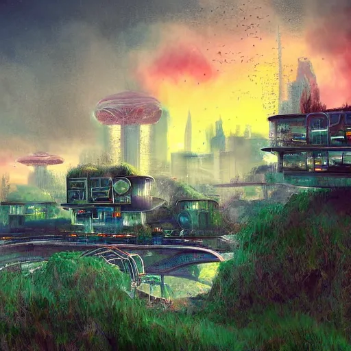 Prompt: a small overgrown futuristic sci - fi village by the ocean, orange dawn, the colors of italy by hanny heim, hyperrealistic