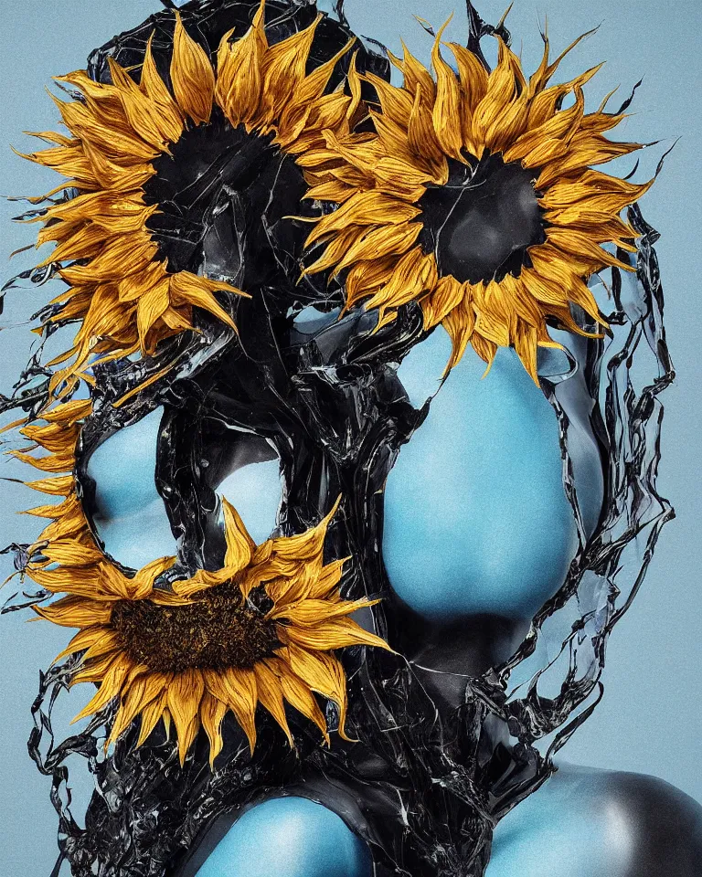 Image similar to symmetrical painting of a fractured black obsidian greek woman statue of a topaz spikes sunflowers lightblue drip acrylic paint fixed with kintsugi, rendered in octane trending on cgsociety. extremely detailed and intricate art