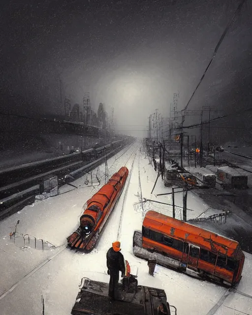 Image similar to a highly detailed epic cinematic concept art CG render digital painting artwork: Railroad in snowy landscape of Siberia and worker in orange west. By Greg Rutkowski, in the style of Francis Bacon and Syd Mead and Norman Rockwell and Beksinski, open ceiling, highly detailed, painted by Francis Bacon and Edward Hopper, painted by James Gilleard, surrealism, airbrush, Ilya Kuvshinov, WLOP, Stanley Artgerm, very coherent, triadic color scheme, art by Takato Yamamoto and James Jean