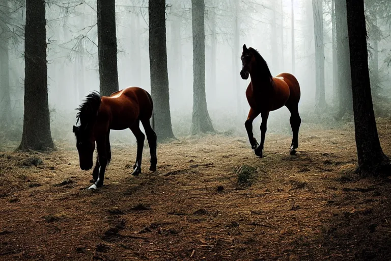 Image similar to beautiful horse in the forest evening natural light by Emmanuel Lubezki