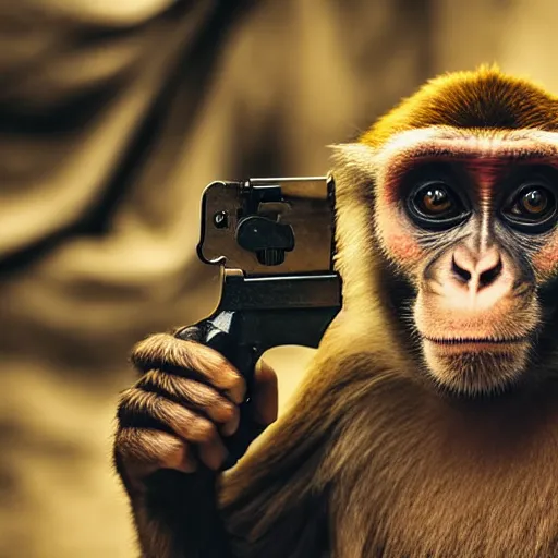 Image similar to a monkey with a revolver in his hands, human man with camera stands behind the monkey, real life photo, 4 k, cyberpunk, highly detailed, sharp focus - h 8 0 0