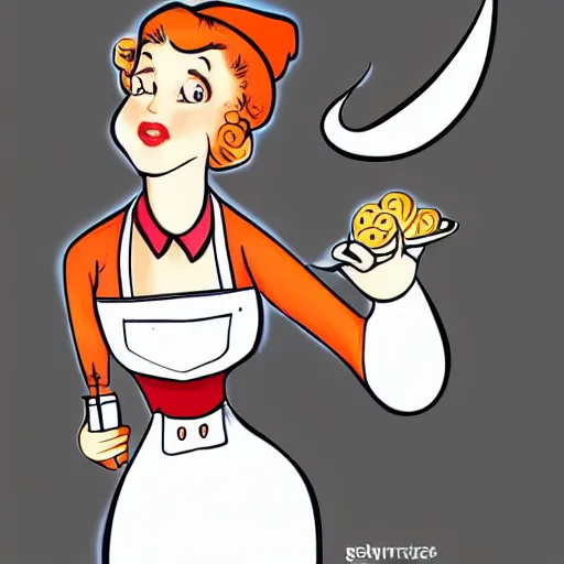 Image similar to beautiful female sheep anthropomorphic working as a waitress from the 5 0 s, cartoon, digital art, full character, high detail drawing