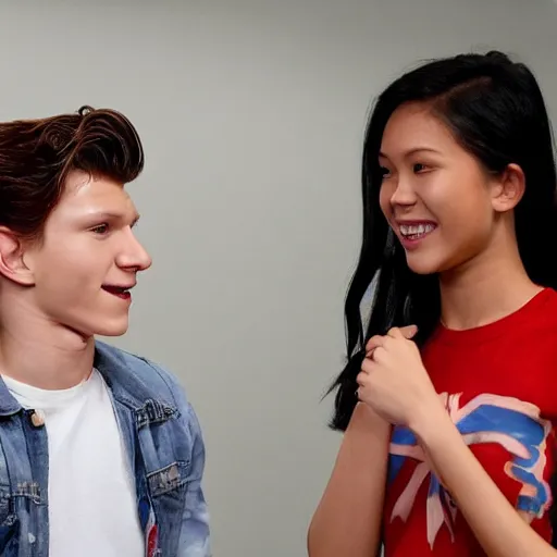 Image similar to Tom Holland talking with a Filipina college girl