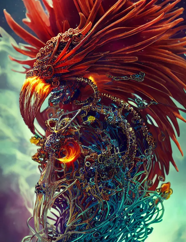 Image similar to witch phoenix macro close - up portrait with crown made of ram skull. phoenix, betta fish, jellyfish, plasma, ice, water, wind, creature, super intricate ornaments artwork by tooth wu and wlop and beeple and greg rutkowski