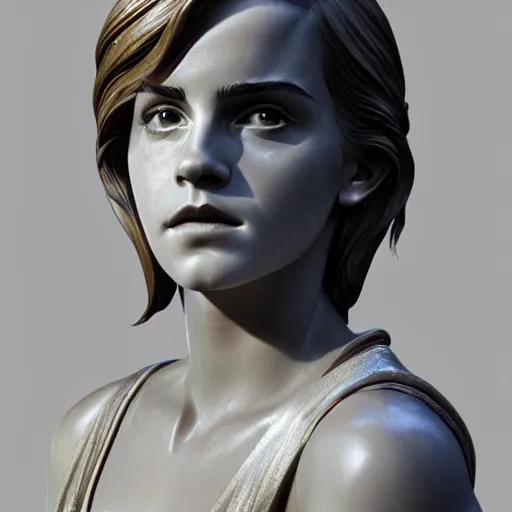 Image similar to portrait of emma watson gold statue reflect chrome, 8 k uhd, unreal engine, octane render in the artstyle of finnian macmanus, john park and greg rutkowski