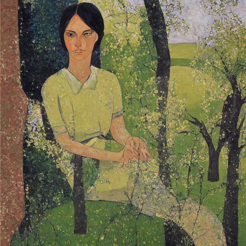 Image similar to a painted portrait of a women outdoors paused in thought, art by felice casorati, aesthetically pleasing and harmonious natural colors, expressionism, fine day, portrait