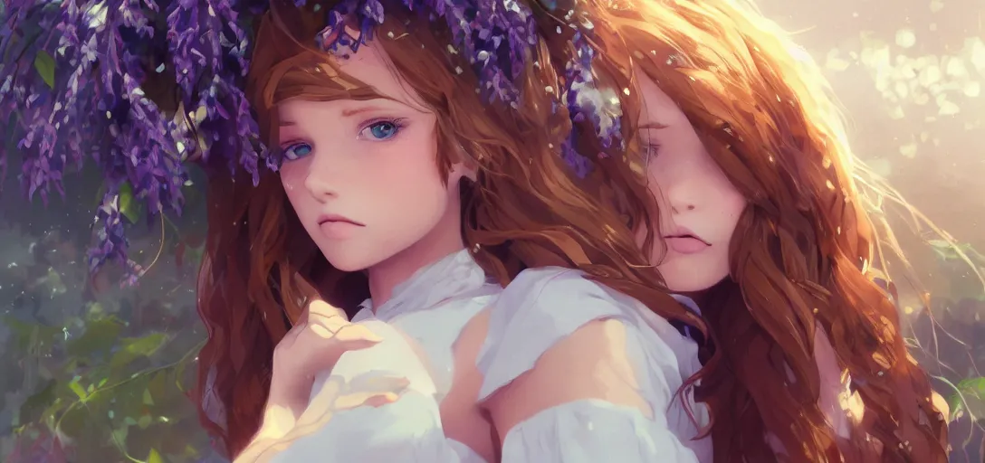 Image similar to a beautiful southern woman named Savannah, innocent, somber turquoise eyes, freckles, long ginger hair tied with white ribbon, sad under a wisteria plant, gentle lighting, storm in the distance, simple dress, digital art by Makoto Shinkai ilya kuvshinov and Wojtek Fus, digital art, concept art,