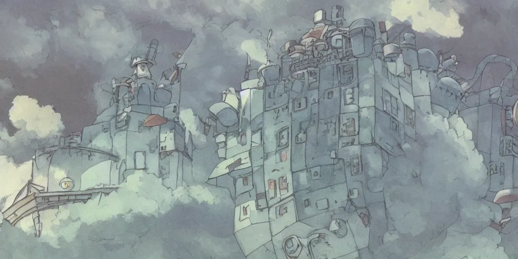 Prompt: a realistic cell - shaded studio ghibli concept art from howl's moving castle ( 2 0 0 4 ) of a floating cube from close encounters of the third kind ( 1 9 7 7 ). very dull colors, hd, 4 k, hq