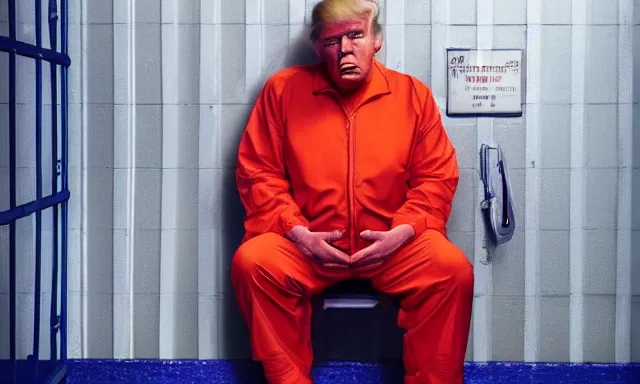 Prompt: full shot of donald trump wearing an orange jump suit, crying in a dirty jail cell in guantanamo, photograph, realistic, dramatic lighting