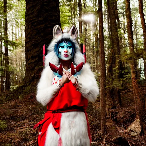 Image similar to Princess Mononoke as a real person, asian woman with red facepaint, determined expression, looking at the camera, standing next to a white wolf, in a forest, telephoto, backlit, 85mm lens, f1.8, highly detailed