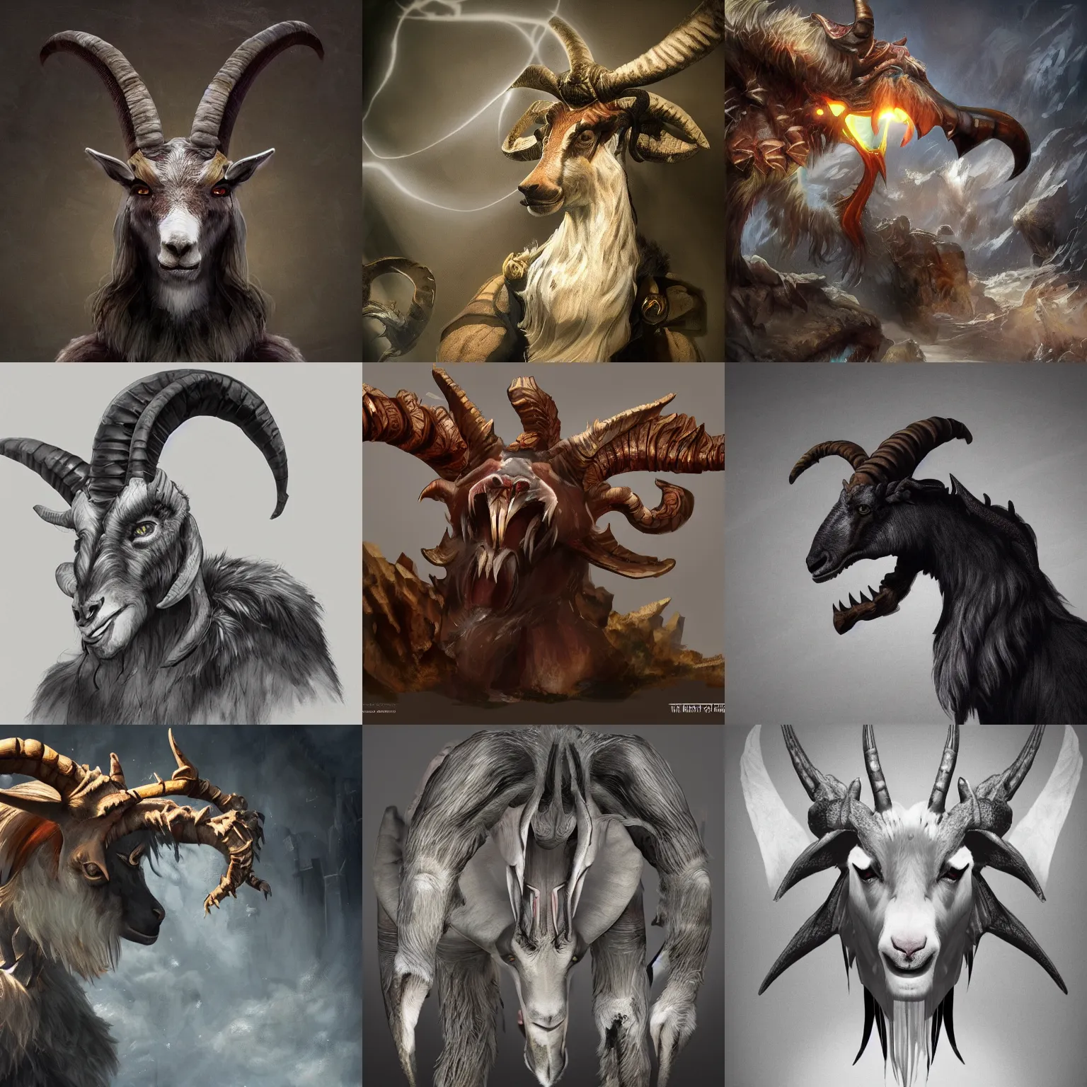 Prompt: studio photo of a dramatic lighting, character design of a goat monster trending on artstation. goat horns, horned character,
