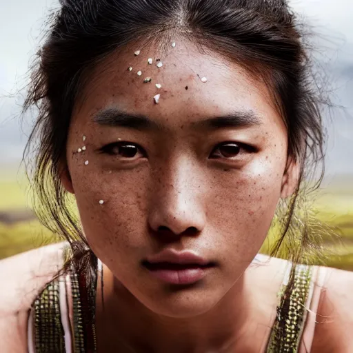 Image similar to portrait of a stunningly beautiful asian tribal female, freckles, olive skin, shining eyes, depth of field, zeiss lens, detailed, symmetrical, centered, fashion photoshoot, by Annie Leibovitz and Steve McCurry, David Lazar, Jimmy Nelsson, Breathtaking, 8k resolution, extremely detailed, beautiful, establishing shot, artistic, hyperrealistic, beautiful face, octane render