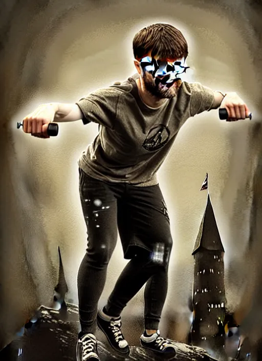 Prompt: a highly detailed portrait of Daniel Radcliffe as Harry Potter doing barbell back squats, wearing a muscle tee shirt, intricate detail, digital painting, old english, raining, sepia, particles floating, whimsical background by marc simonetti, artwork by ross tran + ramond swanland + liam wong