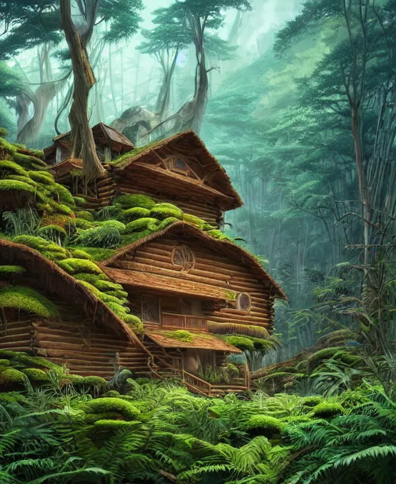 Image similar to an enormous cabin exterior, overgrown with exotic fungus, overgrown with huge ferns, cliff side, noon, sun drenched, partly cloudy, by dan mumford, yusuke murata, makoto shinkai, ross tran, cinematic, unreal engine, cel shaded, featured on artstation, pixiv
