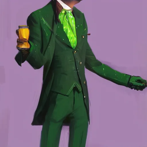 Image similar to man, Wearing green suit, Wearing green tophat, wearing purple undershirt, wearing shades, drinking tea, by Viktor Antonov,, greg rutkowski, fantasy, D&D, trending on artstation, smooth, sharp focus