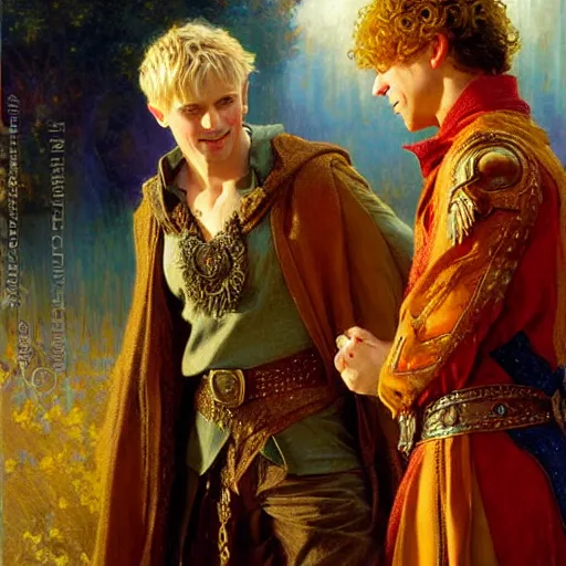 Image similar to attractive, arthur pendragon in love with attractive male, merlin the mage. highly detailed painting by gaston bussiere, craig mullins, j. c. leyendecker