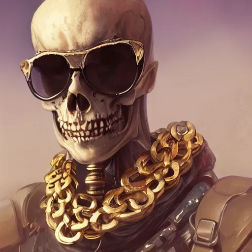 Prompt: commission portrait of a skeleton wearing sunglasses and a golden chain around the neck,character design by charles bowater,greg rutkowski,ross tran,hyperdetailed,hyperrealistic,4k,deviantart,artstation,professional photography,concept art