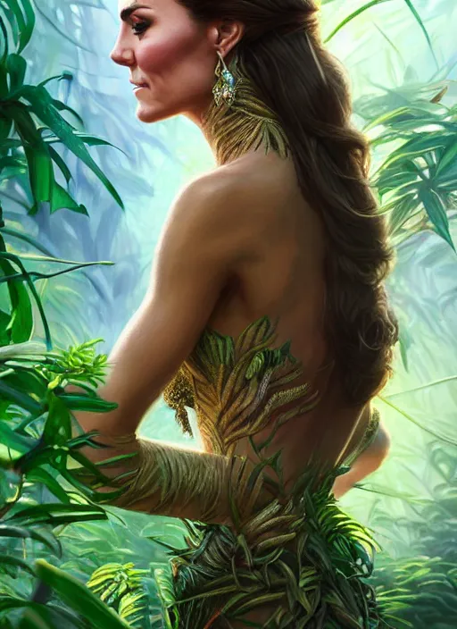 Image similar to kate middleton as jungle queen, intricate, elegant, glowing lights, highly detailed, digital painting, artstation, glamor pose, concept art, smooth, sharp focus, illustration, art by artgerm and greg rutkowski, artey freytag