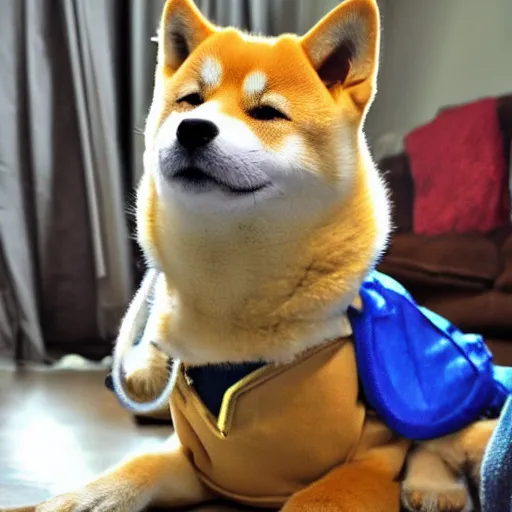 Prompt: doge the shiba - inu as a metallic cyborg, in a sunny suburban living - room.