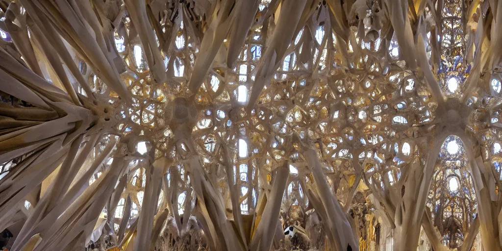 Prompt: sculpted Sagrada Familia ceiling by Antoni Gaudi, symmetrical, volumetric light