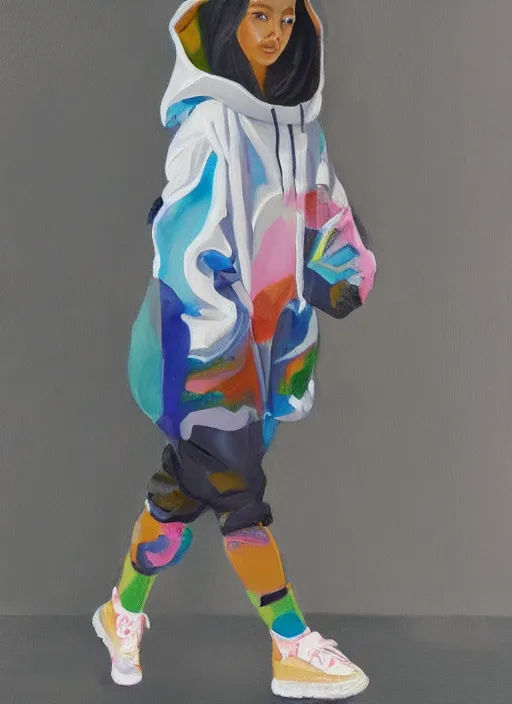 Image similar to a painting of a girl wearing a chloma designed hoddie anorak with skinny legs wearing yeezy 5 0 0