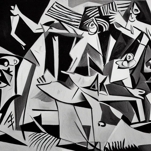 Prompt: A painting of January 6th Capitol Riot fighting, in the style of Guernica, Pablo Picasso, monochromatic, dramatic, desaturated