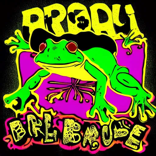 Image similar to frog rave, large bullfrog DJ, lots of frogs dancing on drugs, psychedelic, bright lights, loud music, intense club, cartoon