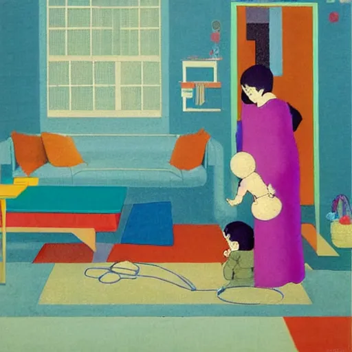 Prompt: A beautiful installation art harmony of colors, simple but powerful composition. A scene of peaceful domesticity, with a mother and child in the center, surrounded by a few simple objects. Colors are muted and calming, serenity and calm. stuckism, rendered in octane by Rumiko Takahashi, by Charles Robinson