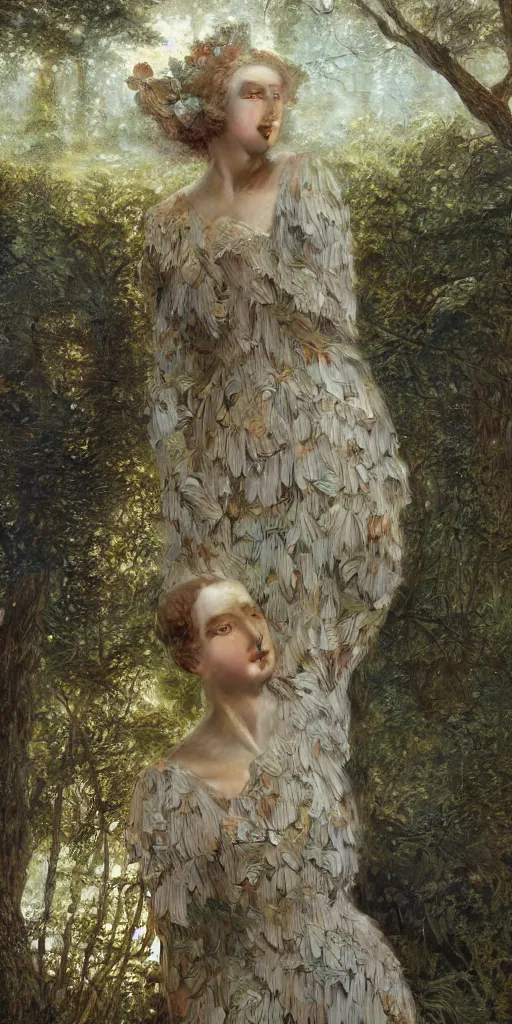 Image similar to dress made of leaves, masterpiece by Edgar Maxence and Ross Tran and Michael Whelan, gustav dore, carravaggion, realistic fantasy, establishing shot, 8k, octane render, moonbeams