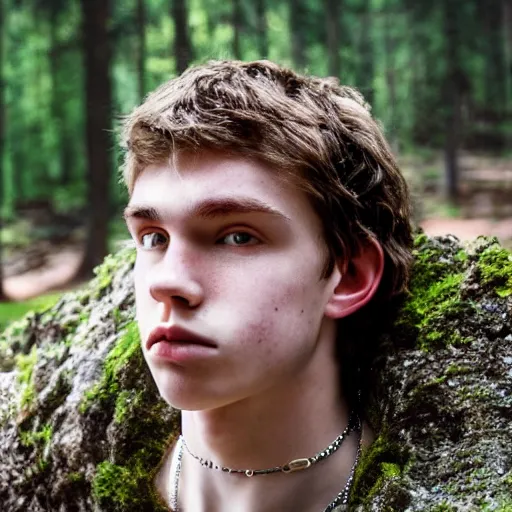 Image similar to a teenage boy, around 1 6 yo. spike necklace. natural brown hair. loincloth, pale skin. detailed face. ominous and eerie looking forest in background. natural colors. hyperrealistic photo.