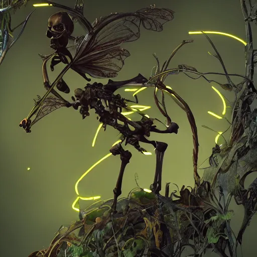 Prompt: the skeleton of a fairy is ribbon dancing on a thorny vine. the ribbon is neon green, detailed, by frank frazetta, simon bisley, brom, concept art, octane render, unreal engine 5, highly detailed, high quality, 8 k, soft lighting, realistic face, path traced