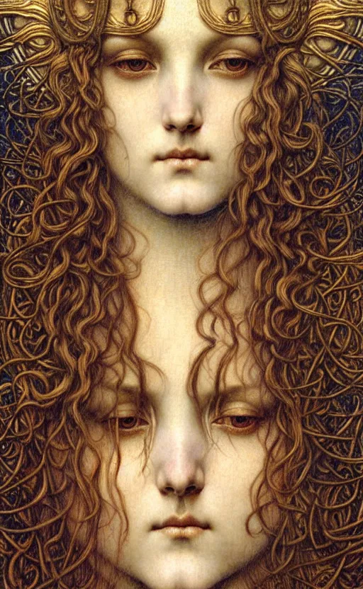 Image similar to detailed realistic beautiful young medieval queen face portrait by jean delville, gustave dore and marco mazzoni, art nouveau, symbolist, visionary, gothic, pre - raphaelite. horizontal symmetry