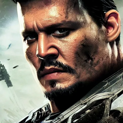 Image similar to Movie still of Johnny Depp as ((the punisher)) in Gears of War, splash art, movie still, detailed face, photorealistic facial features, cinematic lighting, dramatic, octane render, long lens, shallow depth of field, bokeh, anamorphic lens flare, 8k, hyper detailed, 35mm film grain