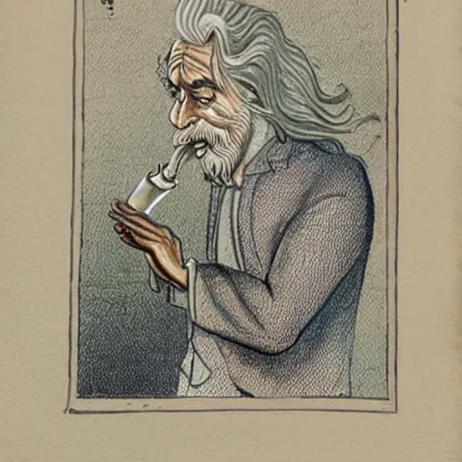 Image similar to highly detailed figure of a person with long white hair coming depicted as smoke coming out from smoking pipe, meditation, comic art, intricate, elegant.