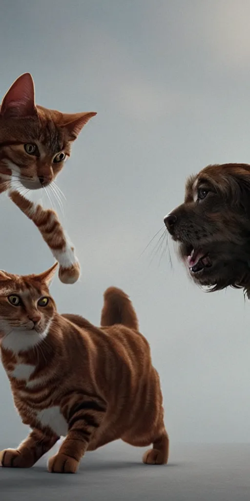 Prompt: A cat and a dog are fighting for a sausage,highly detailed,cinematography,realistic cinematic lighting,