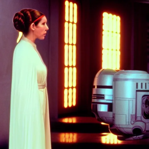 Image similar to a full color still of Carrie Fisher as Leia Organa as a regal Senator in the Galactic Senate talking to an alien, cinematic lighting, 1999, directed by Steven Spielberg, 35mm