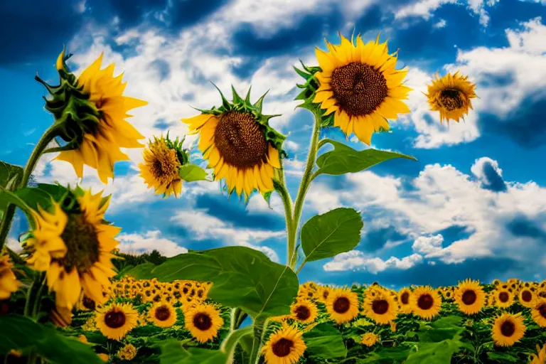 Image similar to portrait, photo of a dragonite smiling at the camera, beautiful, scene : sunflower field, colors : yellow sunflowers, cloudy sky, in a style of real - life natural photo