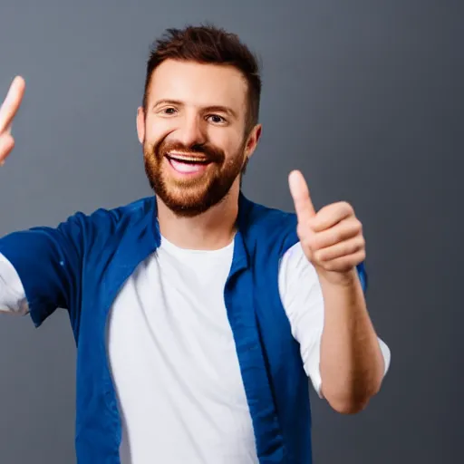 Image similar to stock photo of man smiling and pointing at the camera, white tee-shirt, blue pants, studio shot