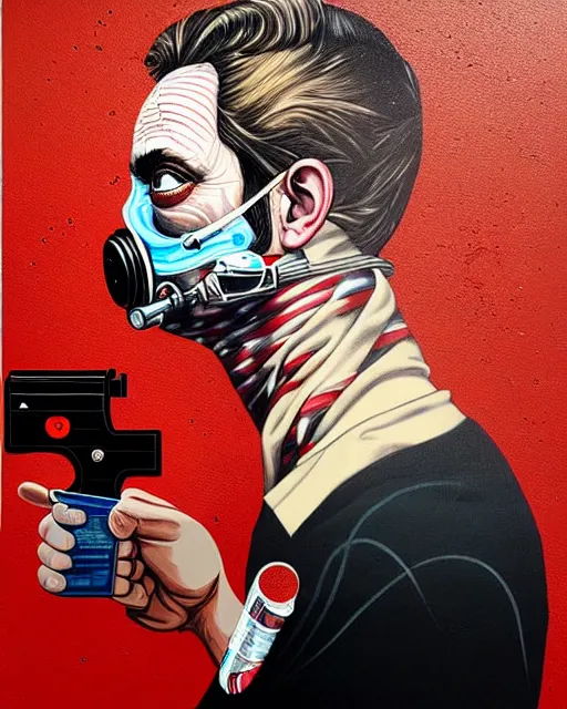 Prompt: portrait of a man wearing oxygen mask, has a gun, blood, a pistol with sea background intricate details with horror side profile by Sandra Chevrier