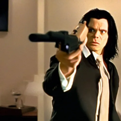 Image similar to still of tommy wiseau as vincent vega holding a gun in pulp fiction ( 1 9 9 4 ), 4 k, cinematic, film footage, screencap, by quentin tarantino
