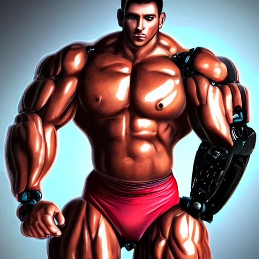 Prompt: a realistic detailed photo of a bodybuilder who is also a male android, Chris Redfield, shiny skin, posing robotically. blank stare