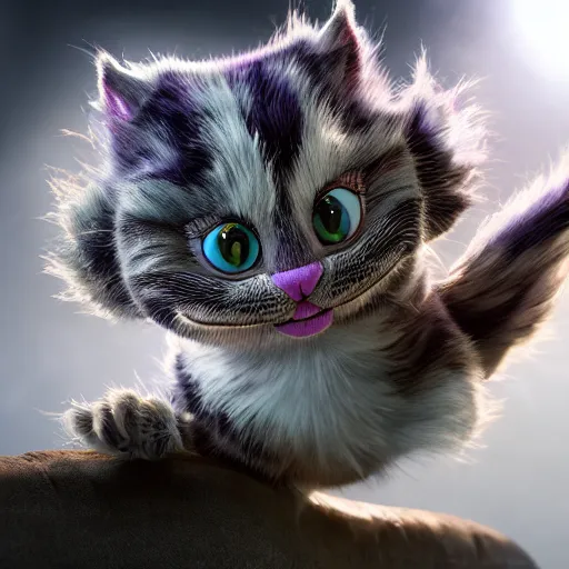 Image similar to full body pose, hyperrealistic photograph of the cheshire cat as a kitten, dim volumetric lighting, 8 k, octane beautifully detailed render, extremely hyper detailed, intricate, epic composition, cinematic lighting, masterpiece, trending on artstation, very very detailed, stunning, hdr, smooth, sharp focus, high resolution, award, winning photo, dslr, 5 0 mm