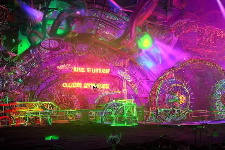 Prompt: an outdoor festival stage, big neon letters tripmachine, center of the stage is a big futuristic steampunk generator with gears and tubes, a rollercoaster wtih steamtrain over the stage, rock musicians on the stage, laser show, 8 k, fluorescent colors, halluzinogenic, multicolored, exaggerated detailed, unreal engine