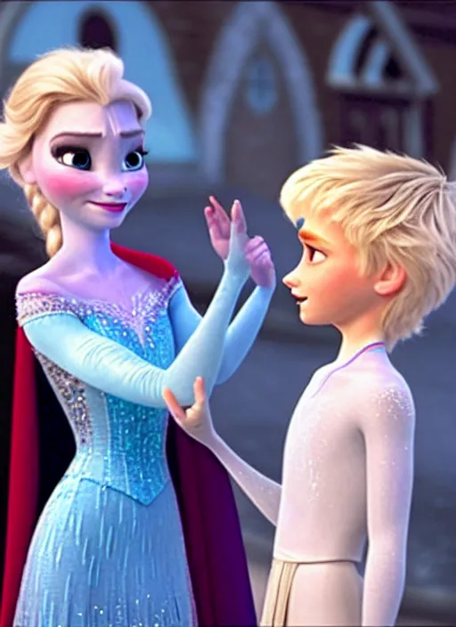 Image similar to Elsa from Frozen having a conversation with Jack Frost from Rise of the Guardians