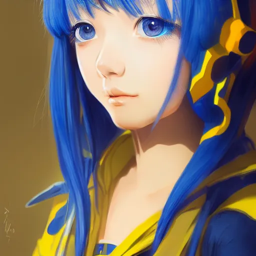 Image similar to a portrait of anime ukrainian blue and yellow girl, concept art, trending on artstation, highly detailed, intricate, sharp focus, digital art, 8 k