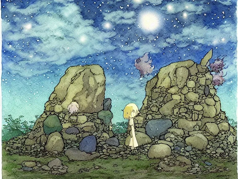 Image similar to a simple watercolor studio ghibli movie still fantasy concept art of a giant wizard playing with stones like they are toys in a tiny stonehenge. it is a misty starry night. by rebecca guay, michael kaluta, charles vess