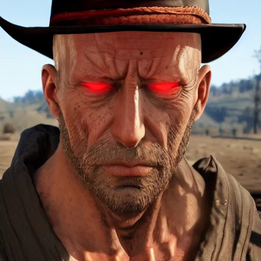 Image similar to a portrait of one punch man in the red dead redemption 2 character art style, shot from red dead redemption 2, digital art, trending on artstation, behance, ray tracing x, wet reflections, unreal engine 5, intricate details, fantasy, hyper realism, humongous view, smooth, cinematic